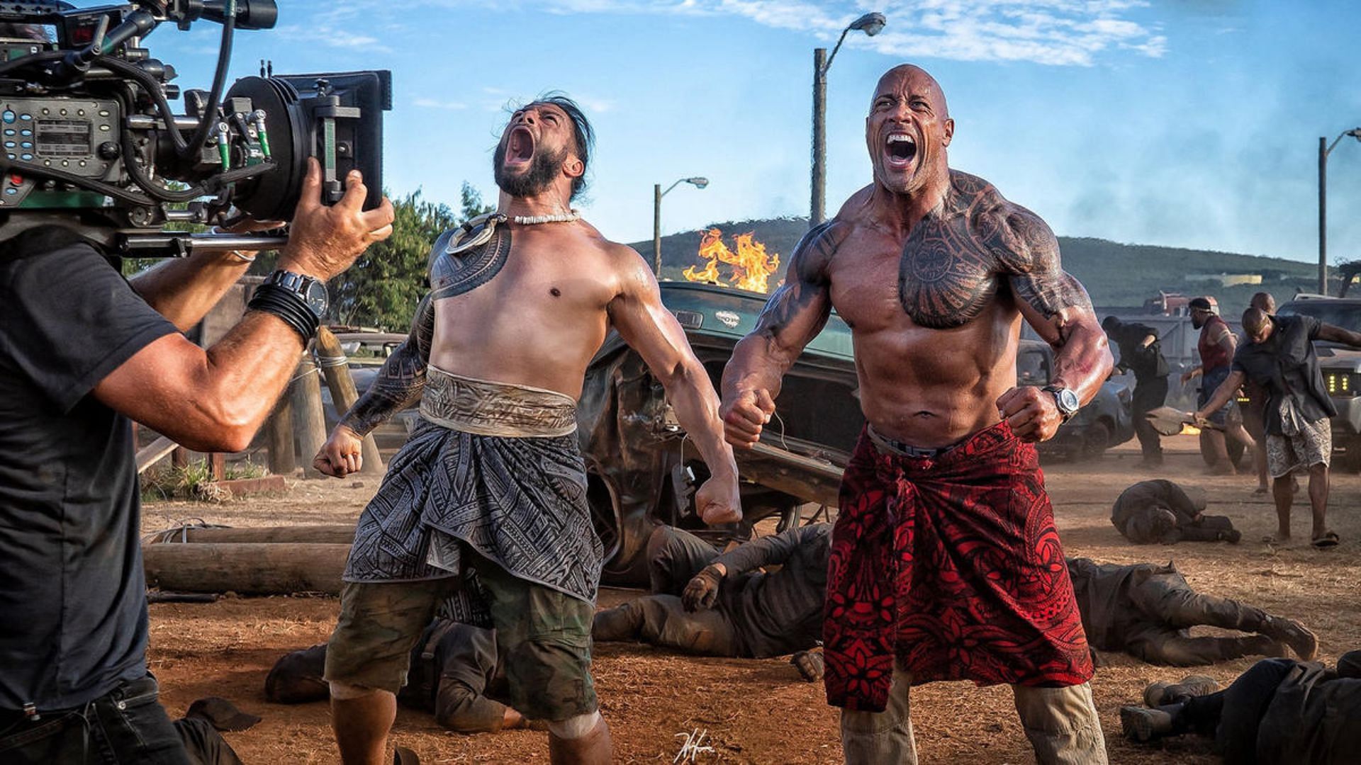 The Rock and Roman Reigns on set for Fast & Furious Presents: Hobbs and Shaw